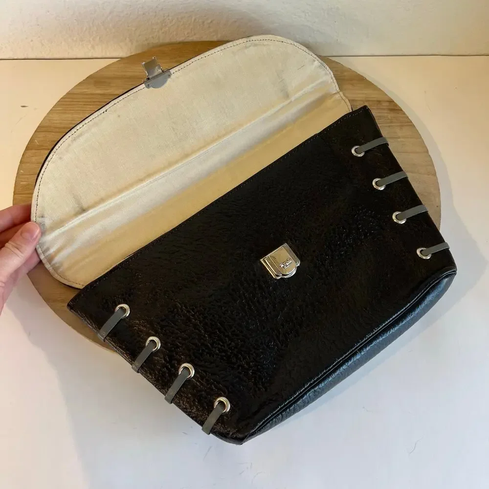 Vintage 90s Black Genuine Leather Weaved Silver Lock Large Clutch Bag